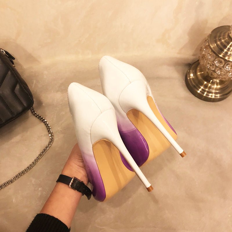 Gradient Patent Leather Super High Heels Stiletto Pointed Pumps - Sexy B