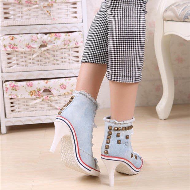 Round Toe Denim High Heels - Sexy B