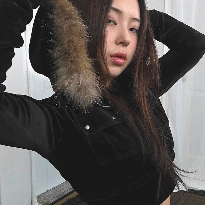 Women's Fur Stitching Hooded Letters Embroidered Short Jacket - Sexy B