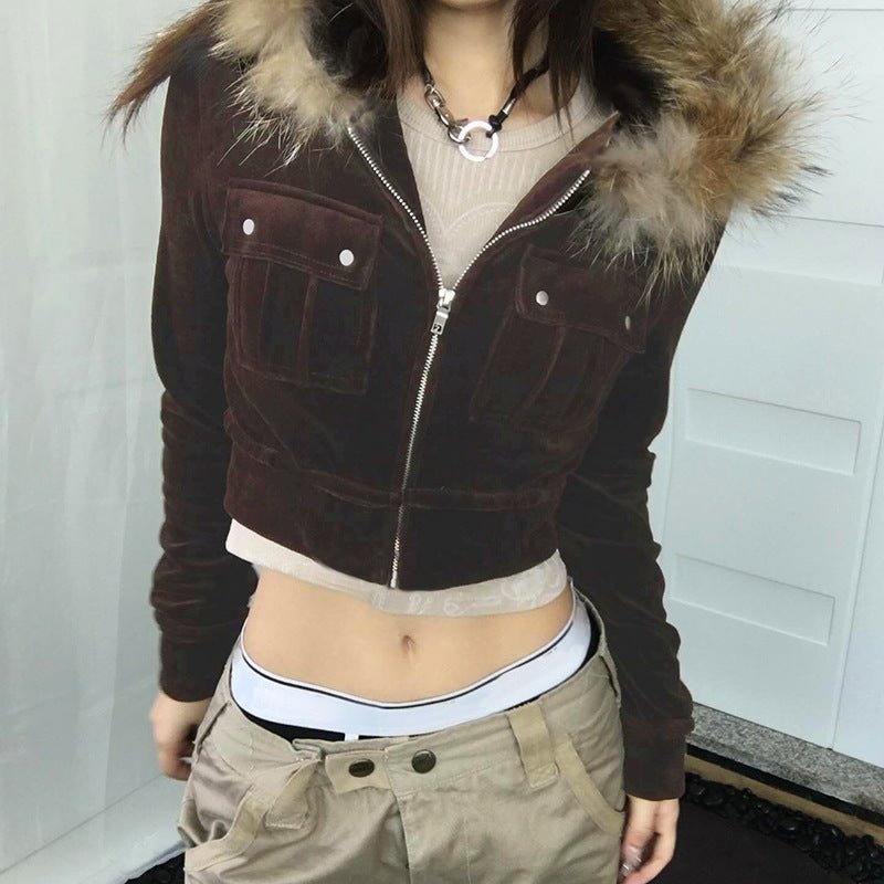 Women's Fur Stitching Hooded Letters Embroidered Short Jacket - Sexy B