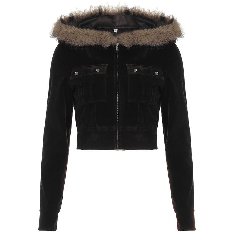 Women's Fur Stitching Hooded Letters Embroidered Short Jacket - Sexy B