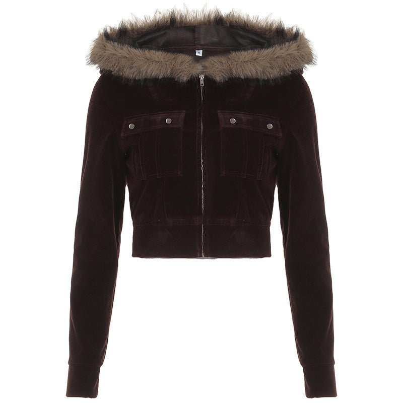 Women's Fur Stitching Hooded Letters Embroidered Short Jacket - Sexy B